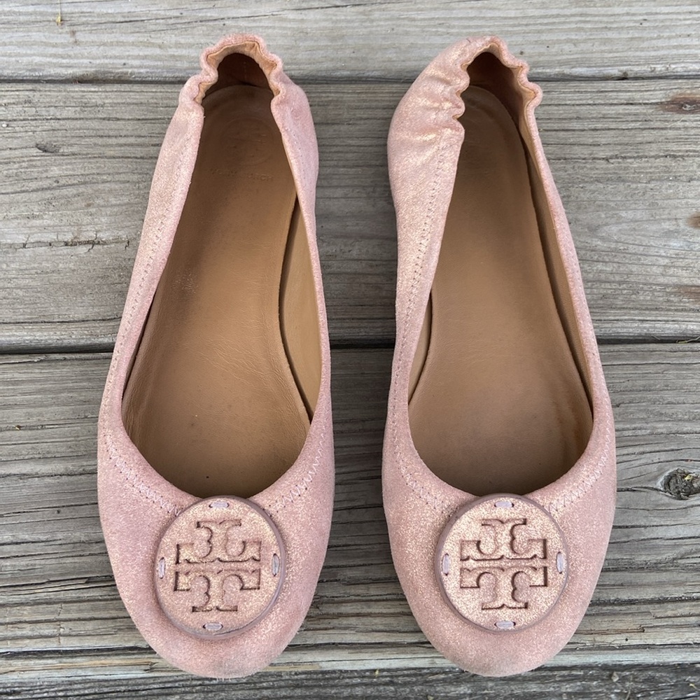 Tory Burch Minnie Travel Ballet Flats in Rose Gold Suede Women's Size 9 - Picture 2 of 10